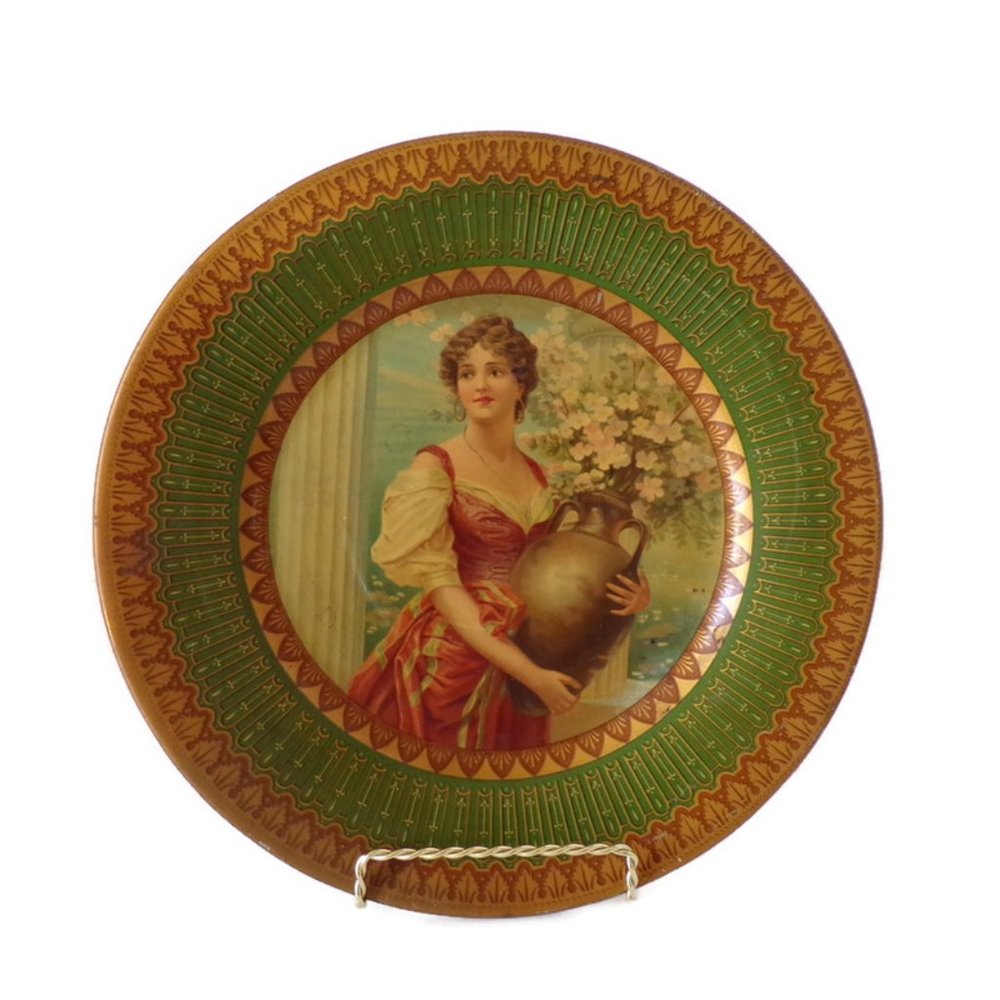 Antique Portrait Tin Plate 10" Decorative Vienna Lady Holding Flowers.